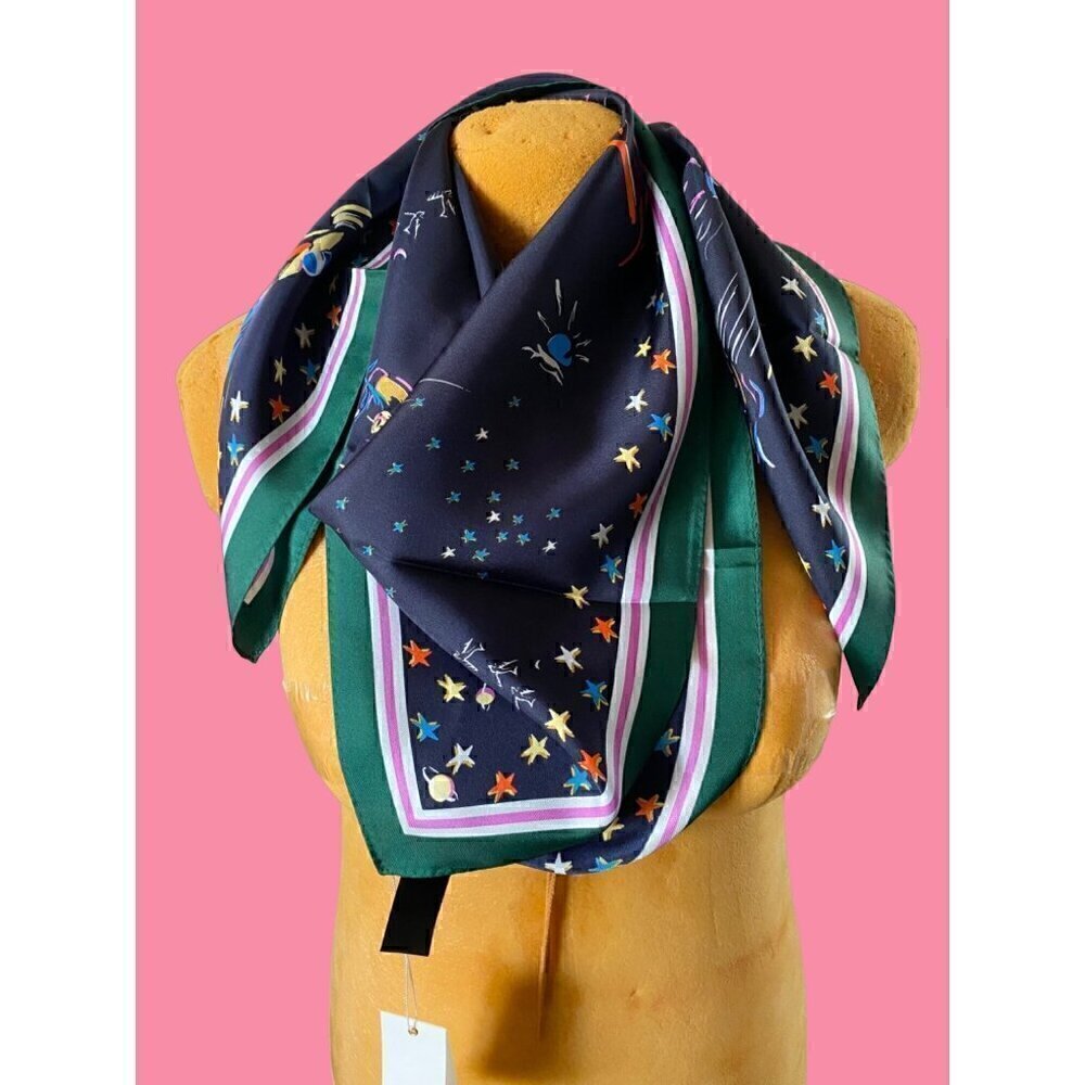Tory Burch Daydream Silk Square Scarf 36x36 Navy Blue Rare Last One